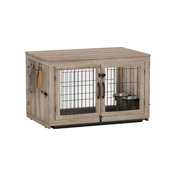 Detachable Wooden Dog Crate with Rotating Dog Bowls and Felt Pads for Floor Protection