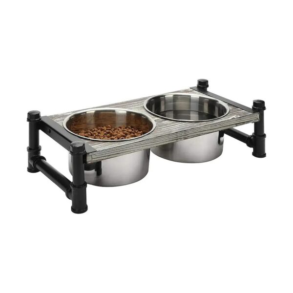 Distressed Wood and Black Metal Pipe Elevated Pet Feeder with 2 Bowls for Small Pets