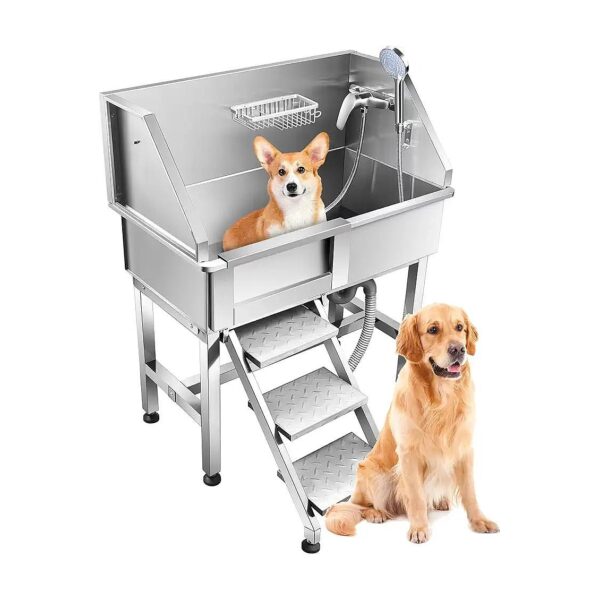 Dog Bathtub Station with Adjustable Shower Faucet and Wide Entrance