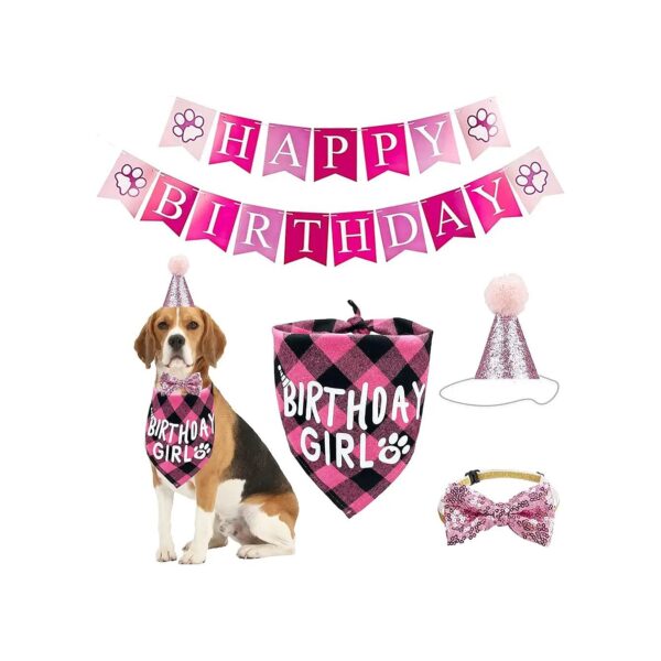 Dog Birthday Party Supplies with Classic Plaid Design Pink Dog Bandana Hat Scarf