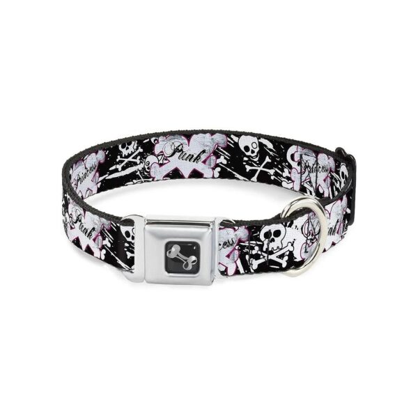 Dog Collar Seatbelt Buckle Punk Princess Heart Cross Bones Skulls Splatter Black White