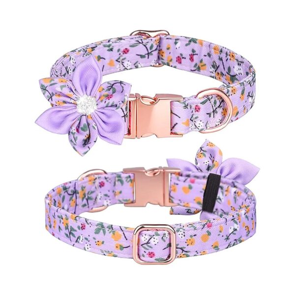 Dog Collar with Detachable Rhinestone Flower, Purple, Small Medium Large Adjustable Sizes