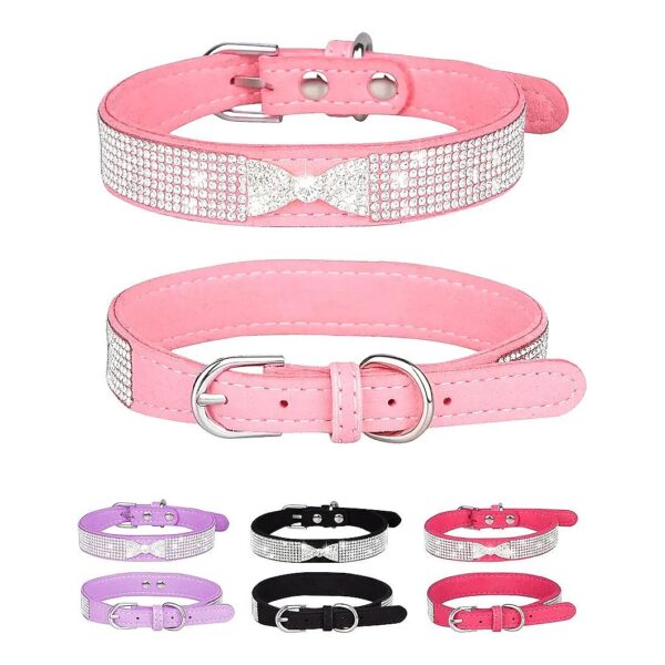 Dog Collar with Suede Microfiber and Crown Rhinestone Design for Small Medium Large Dogs