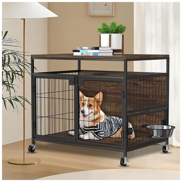 Dog Crate Furniture with 360 Rotating Stainless Steel Bowl and Lockable Rolling Wheels