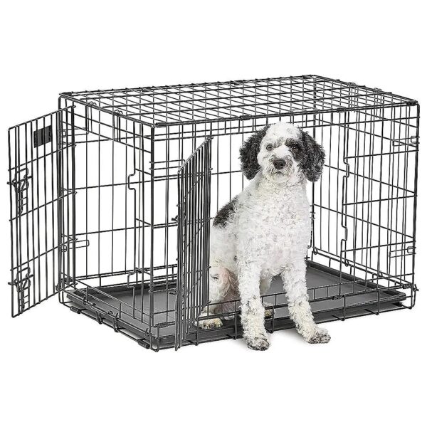 Dog Crate with Double Doors, Waterproof Pan, and Foldable Design for Medium Breeds