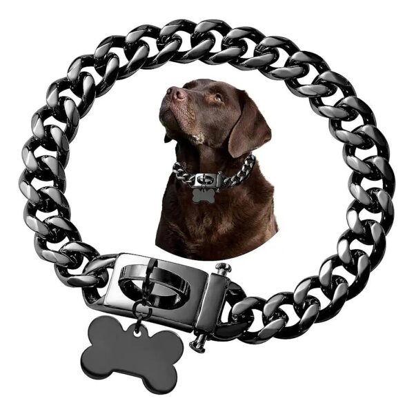 Dog Cuban Link Chain Collar with Secure Buckle and Dog ID Tag for Small to Large Dogs