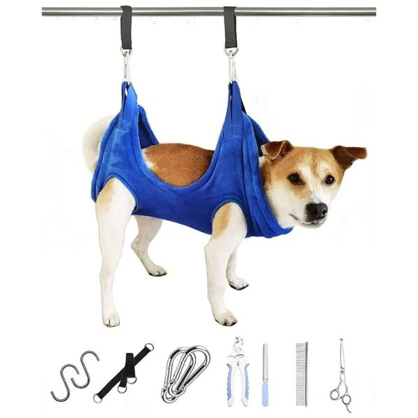 Dog Grooming System with Safety Scissors, Nail Trimmer, and Hammock for Medium Dogs