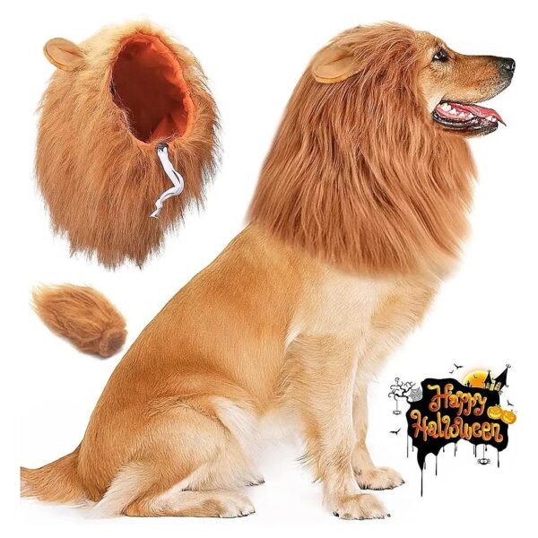 Dog Lion Costume with Adjustable Faux Fur Wig and Tail for Large Breeds Brown