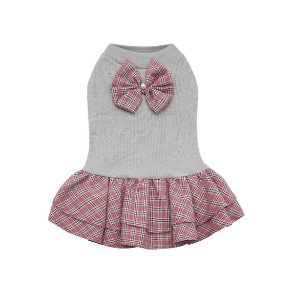 Dog Outfit with Waffle Material, Plaid Skirt, and Pearl Bowknot for Small Pets