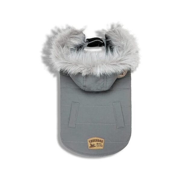 Dog Parka with Comfortable Duck-Down Filling and Faux-Fur Hood for Small Grey Dogs