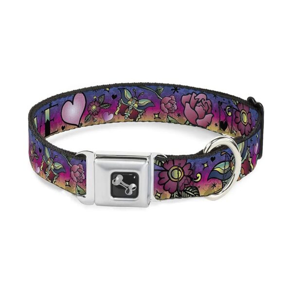 Dog Seatbelt Buckle Collar 15-26 Inch Wide Love Love Purple