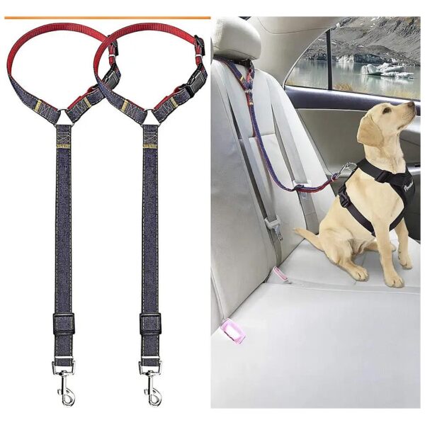 Dog Seatbelts for Cars - Adjustable Nylon and Denim Fabric Belts with Solid Buckles