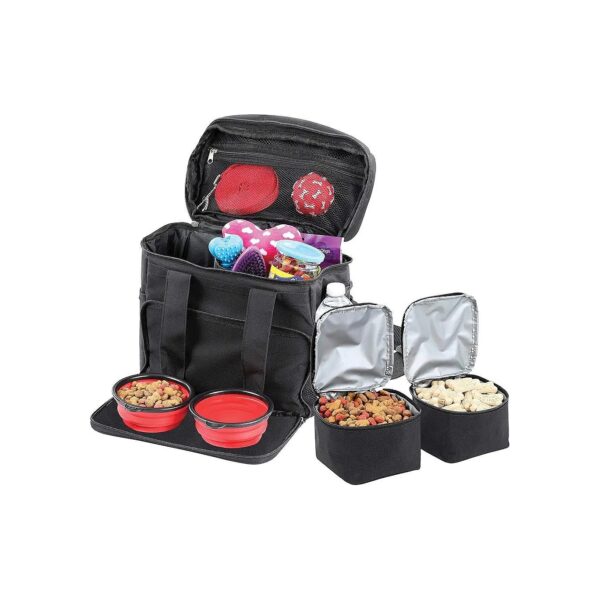 Dog Travel Bag with Separate Food Storage, Collapsible Feeding Bowls, and Accessories