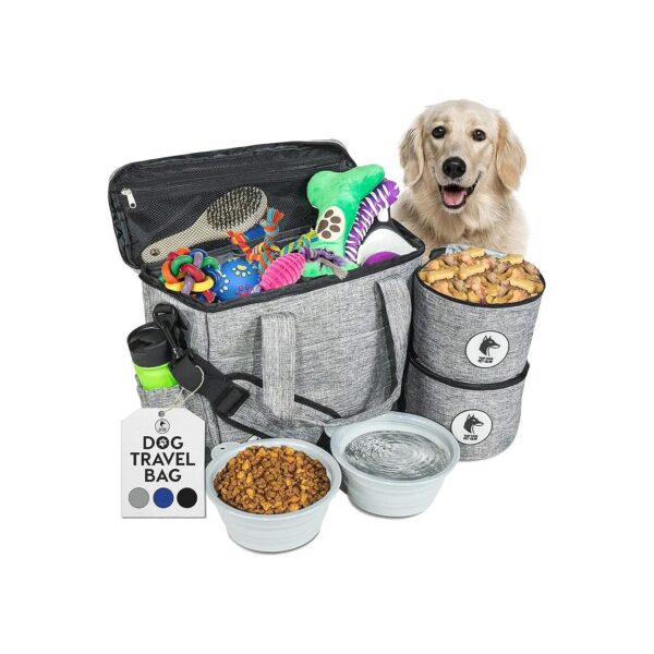 Dog Travel Essentials Bag for Supplies Food and Water Bowls for Road Trips and Adventures