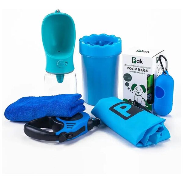 Dog Travel Kit with Retractable Leash Paw Cleaner Poop Bags Water Bottle and Soft Towel