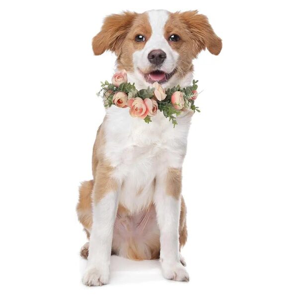 Dog Wedding Flower Collar Pink Floral Attire Wreath Bow for Female Pets Medium Size