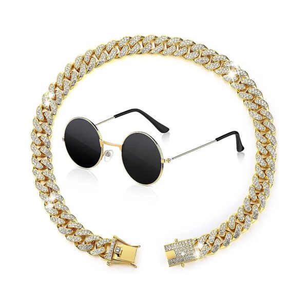 Dog and Cat Accessories Package Including Gold Chain Collar and Round Sunglasses