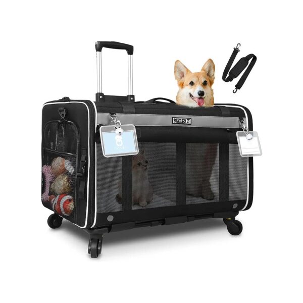 Double Cat Carrier with Wheels for Large Cats and Medium Dogs Dark Black