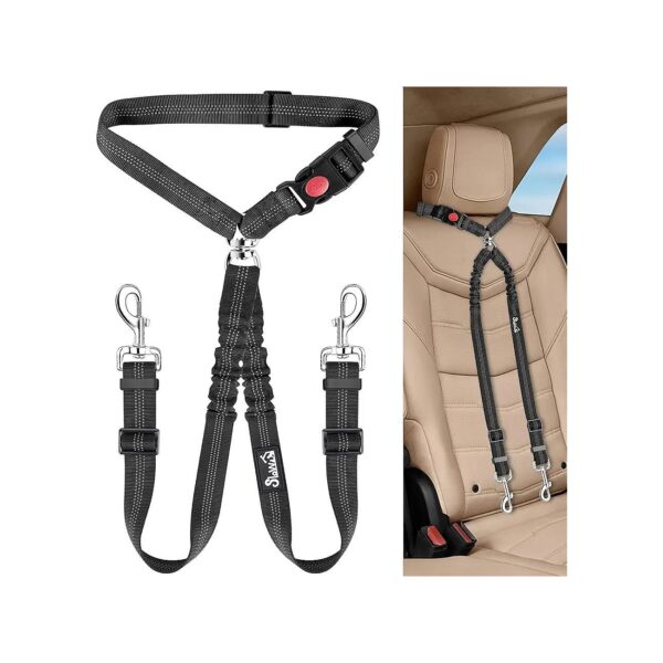 Double Dog Seatbelt Leash Safety Harness for 2 Dogs Vehicle Travel Black