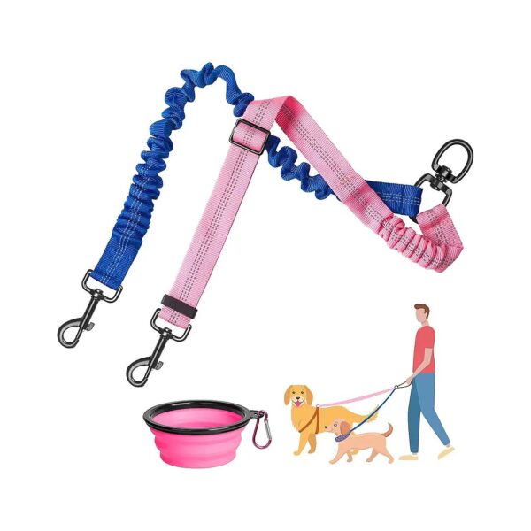 Double Dog Walking Leash with Adjustable Strap and Reflective Bungee for Two Pets