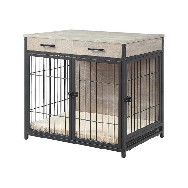 Double Door Metal Dog Crate with Tray, Drawers, and Pet Bed for Indoor Use