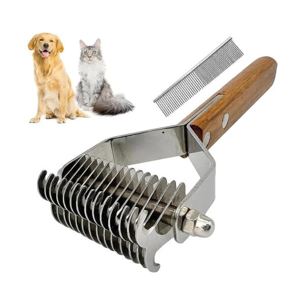 Double-Sided Dog Rake Brush for Shedding and Undercoat Removal with 14 Teeth