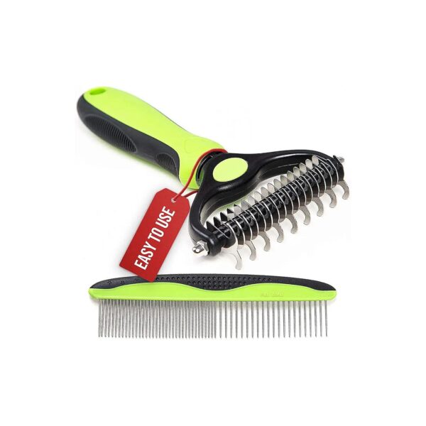 Dual-Function Dematting Rake and Grooming Comb for Removing Tangles and Mats in Pet Coats