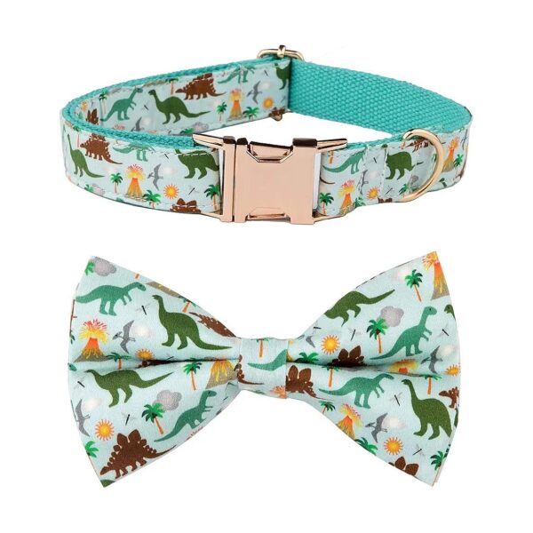 Durable Adjustable Dog Collar with Metal Buckle and Detachable Dinosaur-Themed Bow Tie