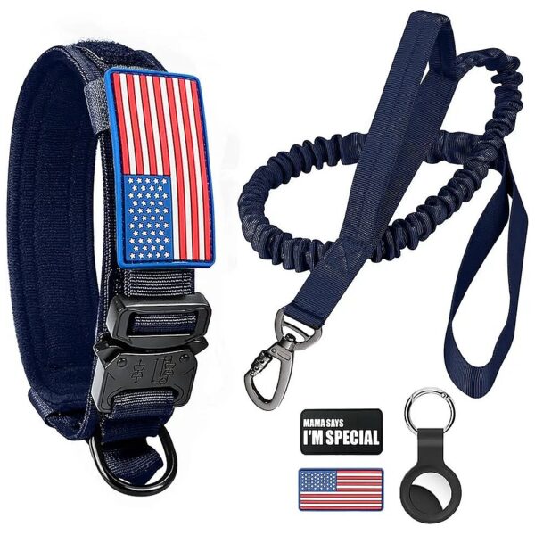 Durable Blue Tactical Dog Collar with Bungee Leash and Patches for Active Hound Breeds