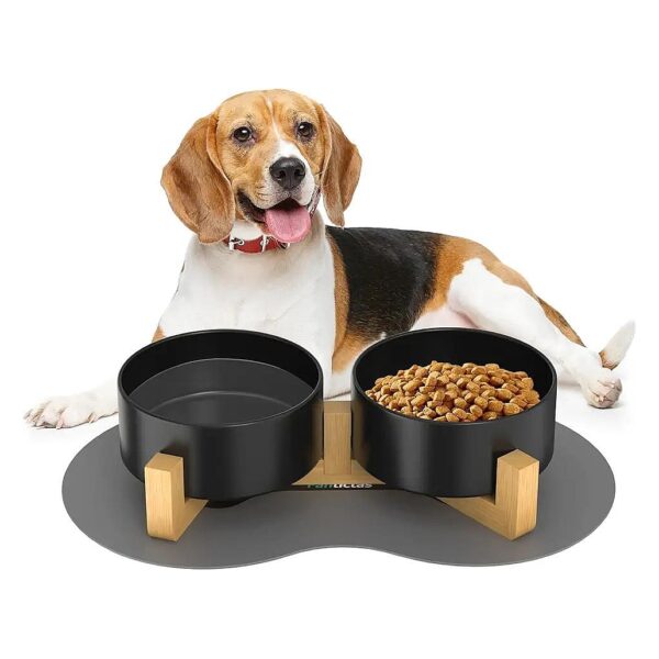 Durable Ceramic Dog Bowls with Natural Bamboo Stand and Water Bowl for Weighted Canines