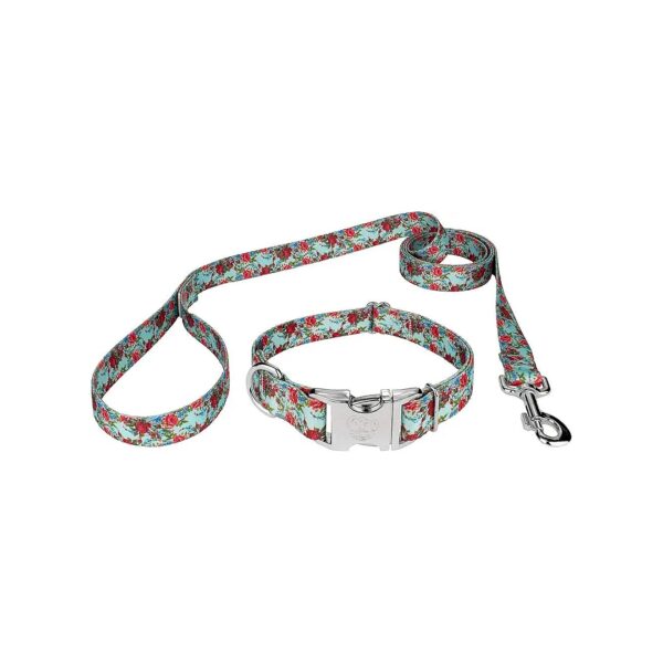 Durable Dog Collar and Leash with Vintage Roses Floral Design