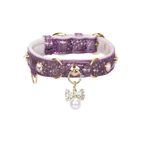 Durable PU Leather Pet Collar with Heavy-Duty Metal Buckle and Bling Rhinestones Purple