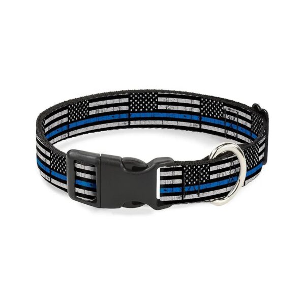 Durable Plastic Buckle Dog Collar 1 inch Wide Thin Blue Line Flag Weathered Colors