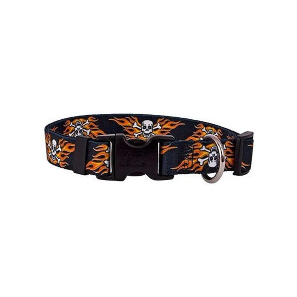 Durable Polyester Flaming Skulls Dog Collar for Small Dogs with 10-14 Inch Neck Size