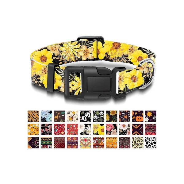 Durable Polyester Yellow Floral Dog Collar with Safety Buckle for Small Medium Large Dogs