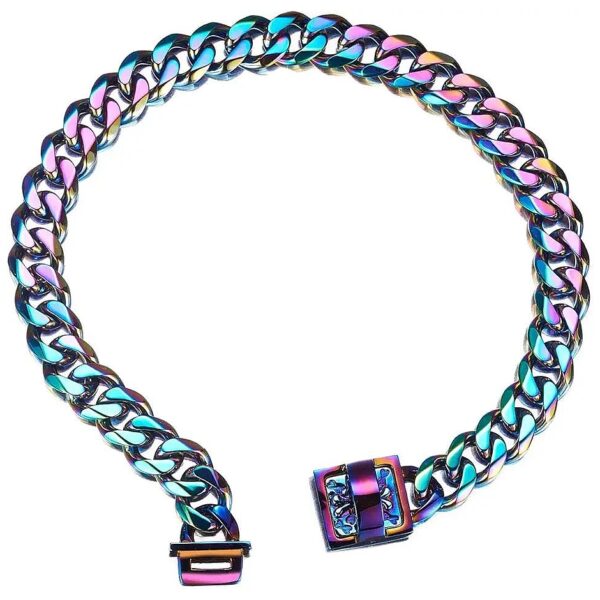 Durable Rainbow Stainless Steel Dog Collar with Folded Link Design