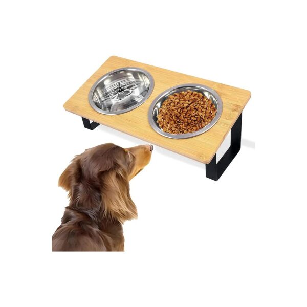 Eco-Friendly Bamboo Dog Feeder with Metal Legs and 2 Stainless Steel Bowls