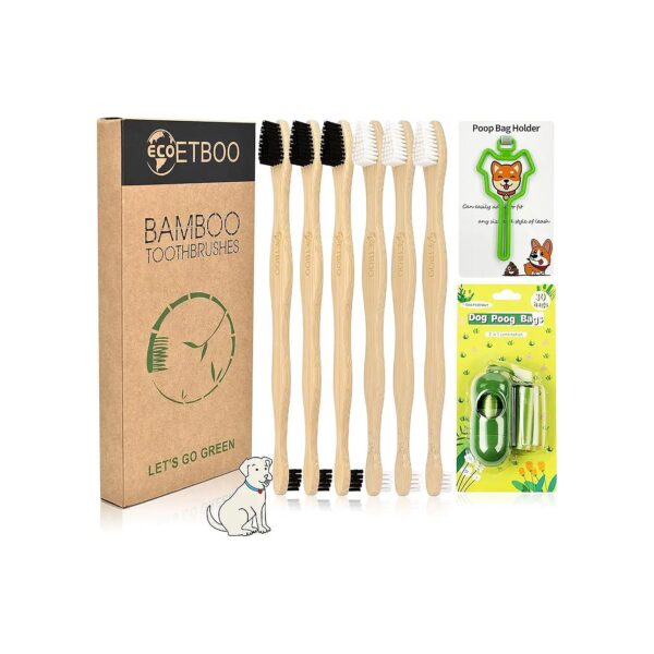 Eco-Friendly Dog and Cat Toothbrushes for Any Size Pet - 6 Pack with Bag Holder