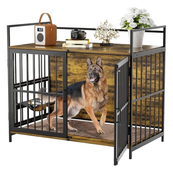 Elegant Adjustable Bowls and Heavy Duty Dog Crate for Large Indoor Breeds with Storage