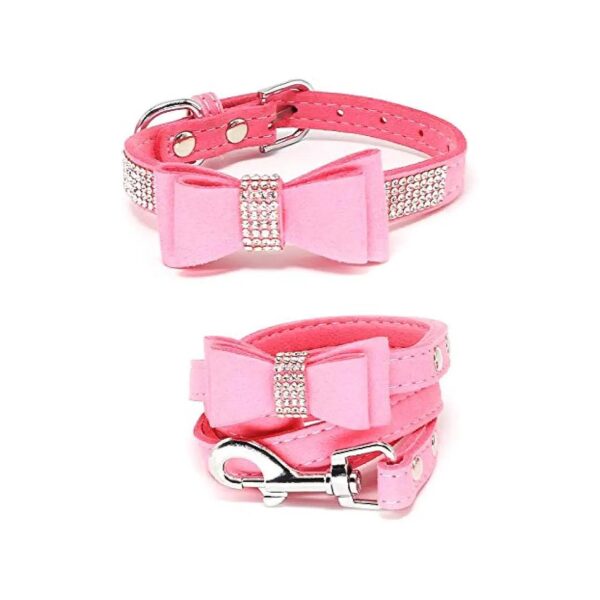 Elegant Dog Collar with Rhinestones and Crystal Bow Tie Soft Fabric Pink XS