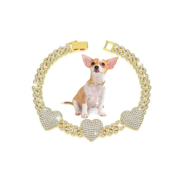 Elegant Gold Diamond Cuban Link Dog Collar with Heart Charm for Small to Medium Size Pets