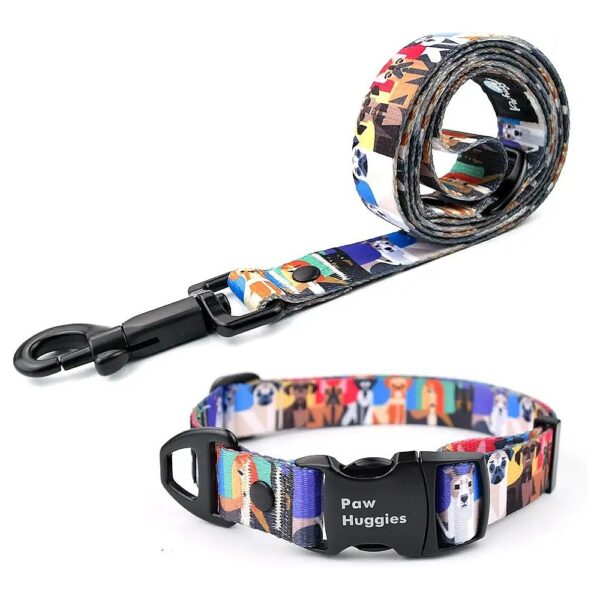 Elegant Puppy Pattern Stitching Dog Collar and Leash for Daily Walking