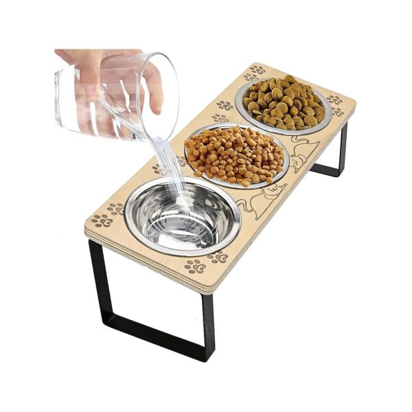 Elevated Telescoping Pet Feeding Stand with Pawprint Pattern and 3 Stainless Steel Bowls