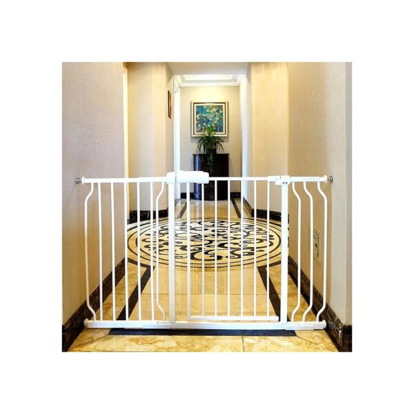 Extra Wide White Metal Baby Gate with Auto Close and Walk Through for Stairs and Doorways