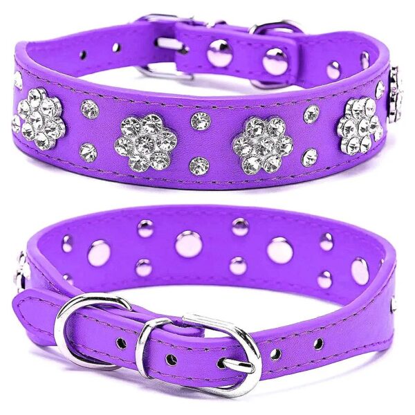 Faux Leather Dog Collar with Rhinestones and Adjustable Sizes for Small to Large Breeds