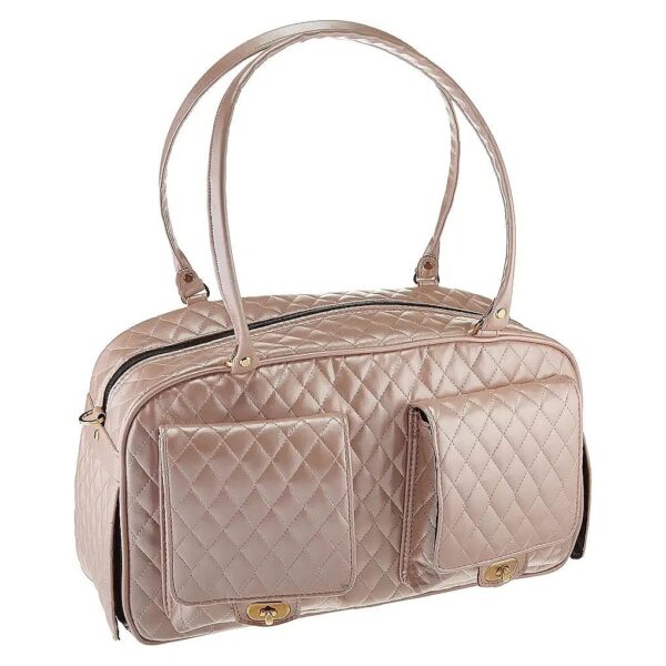 Faux Leather Pink Quilted Dog Travel Bag with Roll-Up Windows and Turn Lock Details