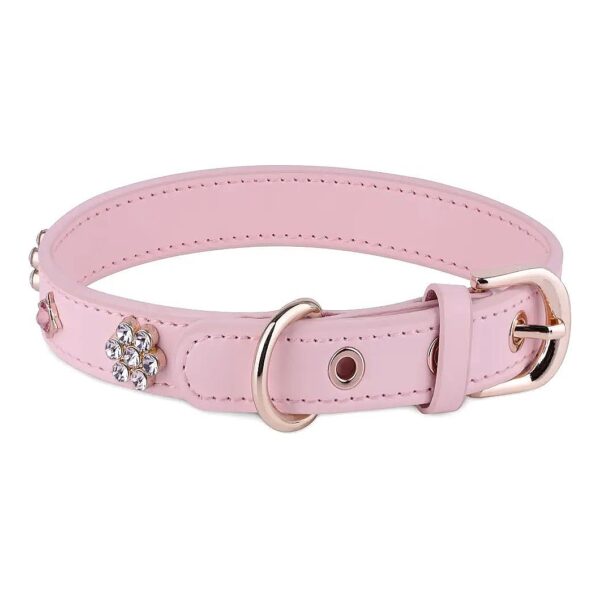 Faux Leather Rhinestone Dog Collar - Pink Bling Collar for Small and Large Dogs