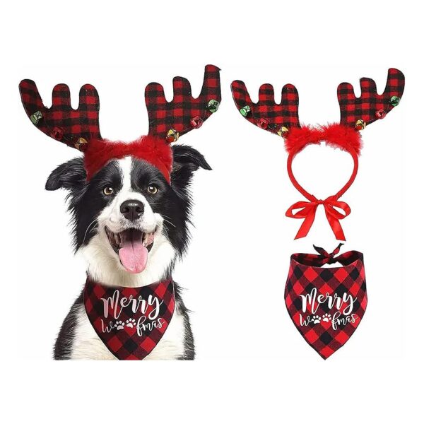 Festive Buffalo Plaid Christmas Dog Accessories with Reindeer Headband