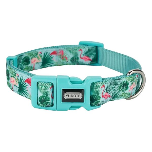 Flamingo Patterned Nylon Webbing and Polyester Ribbon Dog Collar for Medium Dogs