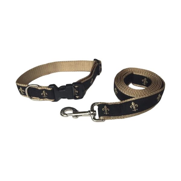 Fleur De Lis Black Gold Ribbon Nylon Webbing Adjustable Dog Collar Leash Set Large